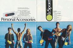 an advertisement for personal accessories featuring three men on the beach with their arms in the air