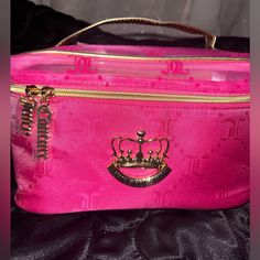 Brand New With Tags Juicy Couture Pink And Gold Train Style Makeup Bag Trendy Pink Pouch Cosmetic Bag, Trendy Pink Portable Cosmetic Bag, Large Capacity Pink Cosmetic Bag Pouch, Large Capacity Pink Pouch Cosmetic Bag, Luxury Pink Cosmetic Bag For Everyday Use, Luxury Pink Bag With Zipper Closure, Pink Portable Cosmetic Bag, Pink Bag With Zipper Closure As Gift, Pink Bags With Zipper Closure For Gifts