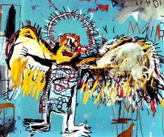 an abstract painting with yellow and blue colors on it's side, depicting a man holding a large bird