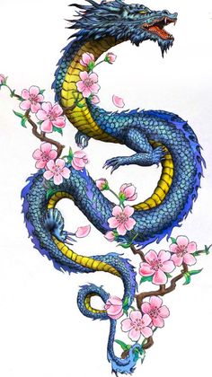 a blue dragon sitting on top of a tree branch with pink flowers in its mouth