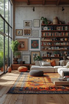 a living room filled with furniture and bookshelves next to a large glass window