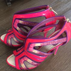 Multi Colored Dior Heels.Great Condition Worn Only One Time For An Event.Size 37 Designer Purple Heels For Cocktail, Designer Open Heel Purple Heels, Designer Purple Open Heel Heels, Designer Purple Heels For Spring, Christian Dior Heels, Dior Heels, Dior Pink, Dior Shoes, One Time