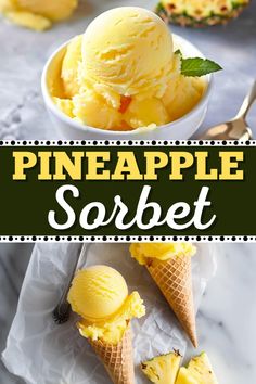 three scoops of pineapple sorbet on a white plate with the text overlay