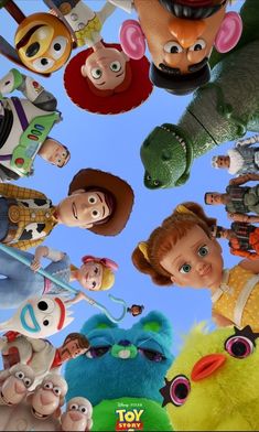 the poster for toy story 3 is shown in front of a blue sky with many cartoon characters