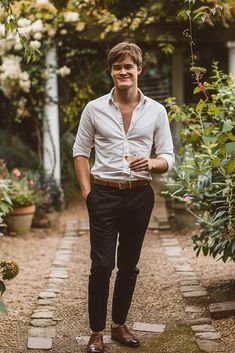 👉 Break Free from the Ordinary: Click the Link to Find Items and Other Outfits that Redefine Cool 👈  ///// White dress shirt with black trousers and brown shoes. Perfect for a stylish summer garden party. Garden Party Outfit Men, Outfit With Dress, Casual Wedding Outfit, Garden Outfit, Party Outfit Men