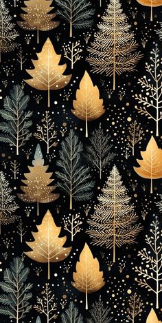 a black background with gold trees and snow