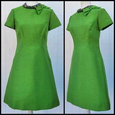 🍀Beautiful 1960's Silk A-Line Dress🍀 Details:  -Label: Buffum's California *Beaded Collar *Darling side bow near the neck *Zips up the back *Fabric Content: Silk *Fully lined Measurements:  *Shoulders: 15 *Bust: 34 *Sleeve length: 6.5 *Waist: 29 *Hips: 38 *Total length: 37 *Zipper length: 20.5 ✨️Measured flat and doubled.✨ Condition: *Light fading on the shoulders.  *Two tiny pin sized holes on the front. Both are pictured. *A few yellow stains throughout. Example has been posted. *The beaded neckline has no loose beads, but please keep in mind that the beads are being held together by a single strand of thread, so it is very fragile. Happy to answer any questions! All sales are final. Thank you! 60s Look, Sunday Clothes, 1960s Dresses, 1960s Outfits, Fabulous Clothes, Green Silk, 60s Fashion