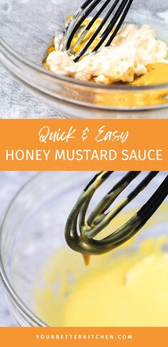 a bowl filled with honey mustard sauce and a whisk in it