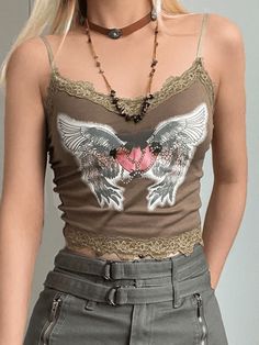 Lace Paneled Winged Heart Crop Cami Top - AnotherChill Y2k Cami Top, Y2k Cami, Generation Z, Retro Tops, Lace Cami Top, Lace Camisole, Lace Patchwork, Whimsical Fashion, Cropped Cami