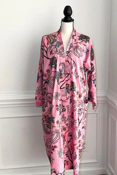 Boho Robe, Pink Floral Kimono, House Robe for Women, Beach Cover Up, Gift for Girl Friend, Birthday Gift, Anniversary Gift for Her - Etsy Bosnia and Herzegovina Printed Pink Sleepwear For Home, Pink Printed Sleepwear For Home, Long Sleeve Spring Kimono For Lounging, Pink Cotton Nightgown For Lounging, Cotton Sleepwear With Kimono Sleeves, Printed Sleepwear With Kimono Sleeves For Loungewear, Cotton Sleepwear With Kimono Sleeves For Loungewear, Relaxed Fit Kimono For Sleep, Summer Long Nightgown For Loungewear