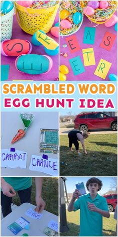 the words scrambled word egg hunt idea are displayed in different pictures