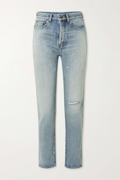 Saint Laurent Jeans, High Waisted Distressed Jeans, Shape Wear, Fashion Days, Denim Trends, Tapered Jeans, Light Blue Denim, Sleek Fashion, Slim Legs