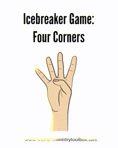 the icebreakerr game four corners is written in black on a white background with an open hand