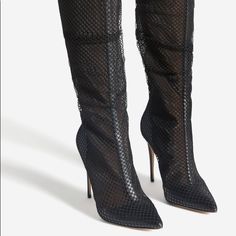 Mesh Sheer Heeled Boots With Back Zipper Black High Ankle Knee-high Boots For Spring, Spring Black Knee-high Boots, Pointed Toe Knee-high Boots For Night Out In Spring, Pointed Toe High Boots For Night Out, Fitted Closed Toe Knee-high Boots For Spring, Black Knee-high Spring Boots, Fitted Boots For Night Out In Spring, Fitted Black Knee-high Boots With Reinforced Heel, Edgy Spring Knee-high Boots With Pointed Toe