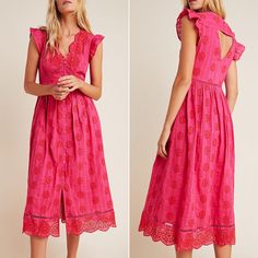 Brand New With Tags Nwt Anthropologie Ranna Gill Tomine Embroidered Eyelet Midi Dress Embroidered Florals Bloom Across This Maxi Dress For An Enchanting, Occasion-Ready Finish. Cotton, Polyester; Cotton Lining Side Pockets Embroidered Eyelet Detail Scalloped Trim Ruffled Sleeves Maxi Silhouette Button Front Dry Clean Approximate Measurements Flat Lay Pit To Pit 20” Waist 16.5” Length 50” Red Feminine Dress With Lace Trim, Feminine Red Dress With Lace Trim, Red Floral Embroidered Midi Dress, Spring Embroidered Red Midi Dress, Spring Red Embroidered Midi Dress, Red Embroidered Fitted Midi Dress, Red Floral Embroidered Knee-length Dress, Fitted Red Embroidered Midi Dress, Red Knee-length Dress With Floral Embroidery