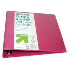 a pink binder with two pockets on it