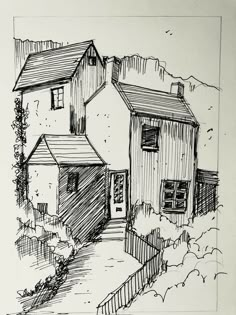 a black and white drawing of a house