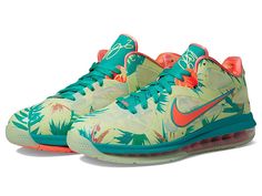 Nike Lebron IX Low - Men's Shoes : White Lime/Bright Mango/New Green : With its vibrant, tropical theme, this LeBron brings a fresh twist to the classic, thirst-quenching combination of iced tea and lemonade. Celebrating the famed refreshment, it mixes fresh colors, airy materials and lavish ornamental graphics fit for a king. Drink it up with your eyes while you give your feet a vacation. Off-Court Meets Vacation From the luscious leaf decor to fresh colors (like lime, mango and green tea), the Multicolor Low-top Fade-resistant Basketball Shoes, Multicolor Low-top Textile Running Shoes, Multicolor Low-top Basketball Shoes With Air Max Cushioning, Low-top Orange Trail Running Shoes With Cushioned Footbed, Lebron Fruity Pebbles Shoes, Nike Lebron, Nike Kids, Tropical Theme, New Green