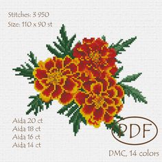 Marigolds cross stitch pattern (digital pdf pattern) Stitches: 3950 Sizе (cm):                  16,3 h x 20.0 w - Aida 14                  17,5 h x 14,3 w - Aida 16                  15,5 h x 12,7 w - Aida 18                  14,0 h x 11,4 w - Aida 20 Сolors: 14, DMC NOT A FINISHED PROJECT You need to print PDF file by opening it with the PDF Reader. Cross Stitch Pattern PDF includes 10 pages: - Full color diagram - Black and white diagram - Calculation of the number of threads with a symbol char Marigold Cross Stitch, Color Diagram, Cross Stitch Necklace, Marigold Flowers, Catholic Cross, Floral Cross Stitch Pattern, Cross Stitch Fonts, Pillow Embroidery, Nature Cross Stitch