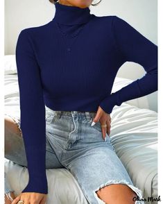 OliviaMark - Elegant High Neck Knitted Sweater with a Captivating Solid Color Design High Neck Designs, Ladies Turtleneck Sweaters, High Neck Sweater, Estilo Chic, Womens Turtleneck, Pullover Designs, Knitted Pullover Sweaters