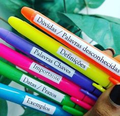 a person holding five pens in their hand with labels on them that read dudus / pahars desconneddas