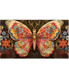 a colorful butterfly with ornate designs on it's wings