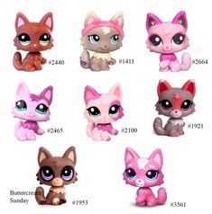 the littlest pet shop toys are all different colors and sizes, but one is pink