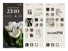 two iphone screens showing the date and time for each event, with tulips in front of them