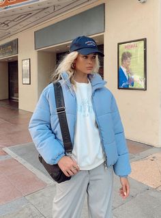 Puffer Outfit, Light Blue Jacket, Blue Puffer, Fleece Dress, Jacket Outfit, Outerwear Outfit, Women's Jackets, Oversized Style, Loungewear Sets