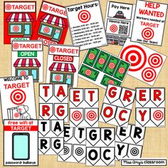 several different types of target cards with the words target on them and pictures of target buildings