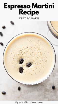 espresso martini recipe in a glass with coffee beans on the side and text overlay reading espresso martini recipe easy to make