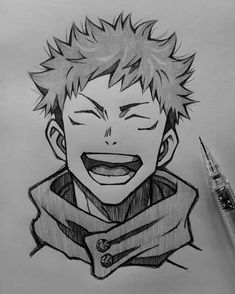 a drawing of an anime character with his eyes closed and mouth wide open, smiling