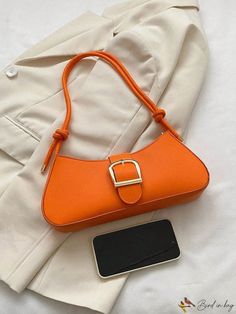 BirdinBag - Stylish Orange Baguette Bag with Fashionable Buckle Accents Orange Details, Elegant Pattern, Baguette Bag, Bag Bag, Style Elegant, Color Orange, Orange Color, Pu Leather, Buckle