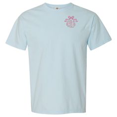 Add a perfect personal touch of embroidered girly glam to any look- “Put A Bow On It”🎀 Perfect for any occasion, this Monogrammed 'Bow' Comfort Colors T-Shirt is sure to turn heads and make a statement :) Pink Monogrammed Crew Neck Top, Pink Monogram Crew Neck Top, Pink Crew Neck Top With Monogram, Pink Short Sleeve T-shirt With Custom Embroidery, Pink Monogrammed Cotton Top, Pink Monogram Cotton Top, Pink Custom Embroidery Short Sleeve T-shirt, Cotton Monogram T-shirt For Spring, Spring Cotton Monogram T-shirt