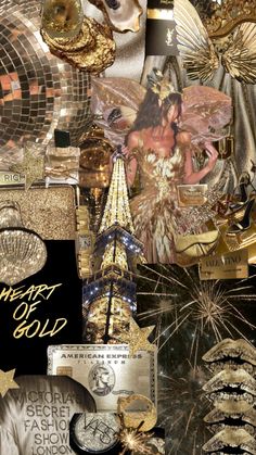 a collage of gold and black items