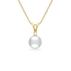 14K Yellow Gold Pendant with a 6-7mm White Akoya Pearl and a 0.02 Carat Diamond. 17" 14K Yellow Gold Chain included. The pendant measures approximately 1" in total length. Classic 14k Yellow Gold Solitaire Necklace, 14k Yellow Gold Solitaire Necklace For Formal Events, Formal 14k Yellow Gold Solitaire Necklace, Classic Round 14k Gold Pearl Necklace, Classic 14k Gold Pearl Necklace, Classic 14k Yellow Gold Pearl Necklace, Classic 14k Gold Necklaces, Classic Yellow Gold Pearl Necklace With Round Pendant, Classic 14k Gold Pearl Necklace With Round Pendant