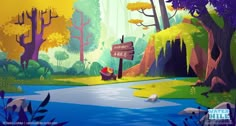 a painting of a person sitting on a bench in the woods with a sign that says welcome here