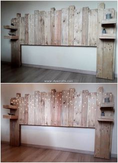 two pictures of a wooden headboard made out of pallets and some lights on it