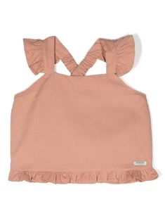 rose pink cotton ruffled detailing at the shoulder square neck rear criss-cross straps sleeveless ruffle hem Summer Cotton Tank Top With Tie Back, Pink Ruffled Spaghetti Strap Camisole, Cotton Tops With Ruffle Hem For Summer, Spring Cotton Tie Back Tank Top, Spring Cotton Tie-back Tank Top, Cotton Top With Tie Back And Ruffled Straps, Cotton Tops With Tie Back And Ruffled Straps, Pink Ruffled Camisole For Summer, Pink Ruffled Cami Tank Top