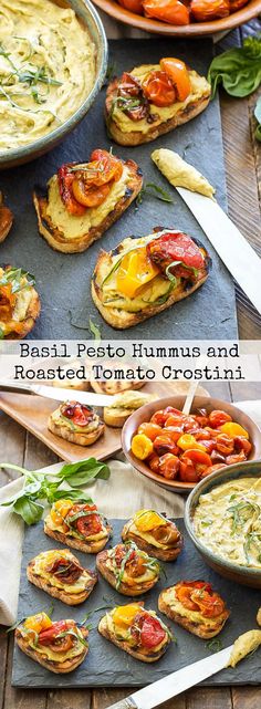 several different types of food on plates and in pans with text overlay that says real 1 pesto hummus and roasted tomato crostini