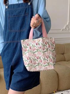 BirdinBag - Fashionable Floral Bucket Bag with Double Handles for Everyday Use School Lunch Bag Portable, Cute Bucket Bags For Spring, Pink Lunch Bag For Daily Use, Portable Bag For Spring Gifts, Portable Bags As Spring Gifts, Spring Gift Bag With Detachable Handle, Pink Portable Lunch Bag, Casual Pink Lunch Bag For Everyday Use, Spring Gift Bags With Detachable Handle