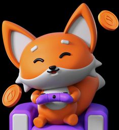 an orange and white fox figurine sitting on top of a purple toy car