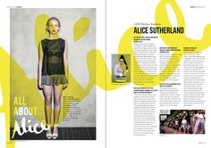 a magazine spread with an image of a woman in yellow