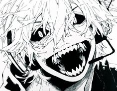 a drawing of an anime character with his mouth open and teeth wide open in front of him