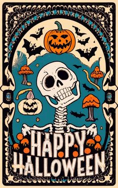 a halloween poster with a skeleton and pumpkins in the background that says happy halloween