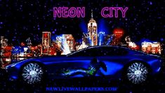 the neon city is lit up in purple and blue with lights on it's side