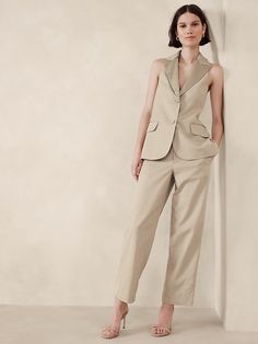 Linen-Blend Tuxedo Racer Suiting Vest | Banana Republic Factory Tailored Sleeveless Summer Outerwear, Tailored Spring Vest Outerwear, Tailored Sleeveless Beige Vest, Spring Vest With Notch Lapel And Pockets, Spring Vest With Pockets And Notch Lapel, Spring Notch Lapel Vest With Pockets, Beige Slim Fit Sleeveless Vest, Tailored Sleeveless Spring Outerwear, Spring Outerwear Vest With Notch Lapel