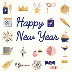 a happy new year greeting card with various items and numbers on it in blue, pink, yellow and white