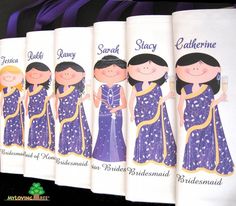 four personalized paper towels with pictures of women in purple dresses and gold trims