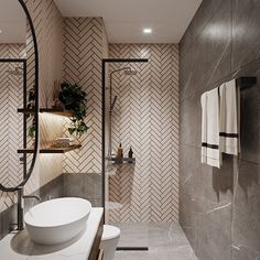 a bathroom with a sink, toilet and shower in it's corner area next to a towel rack